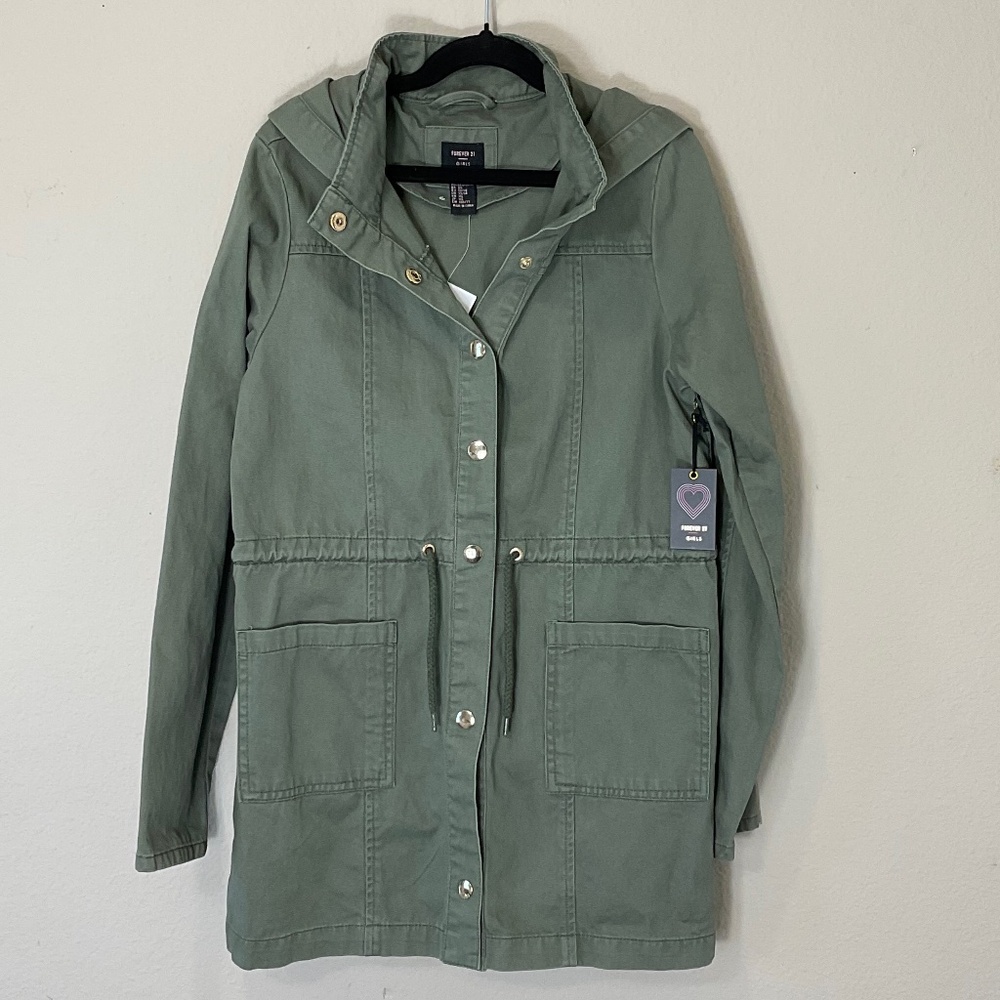 NWT Forever 21 Girls Army Green Jacket with Hood Size 13-14